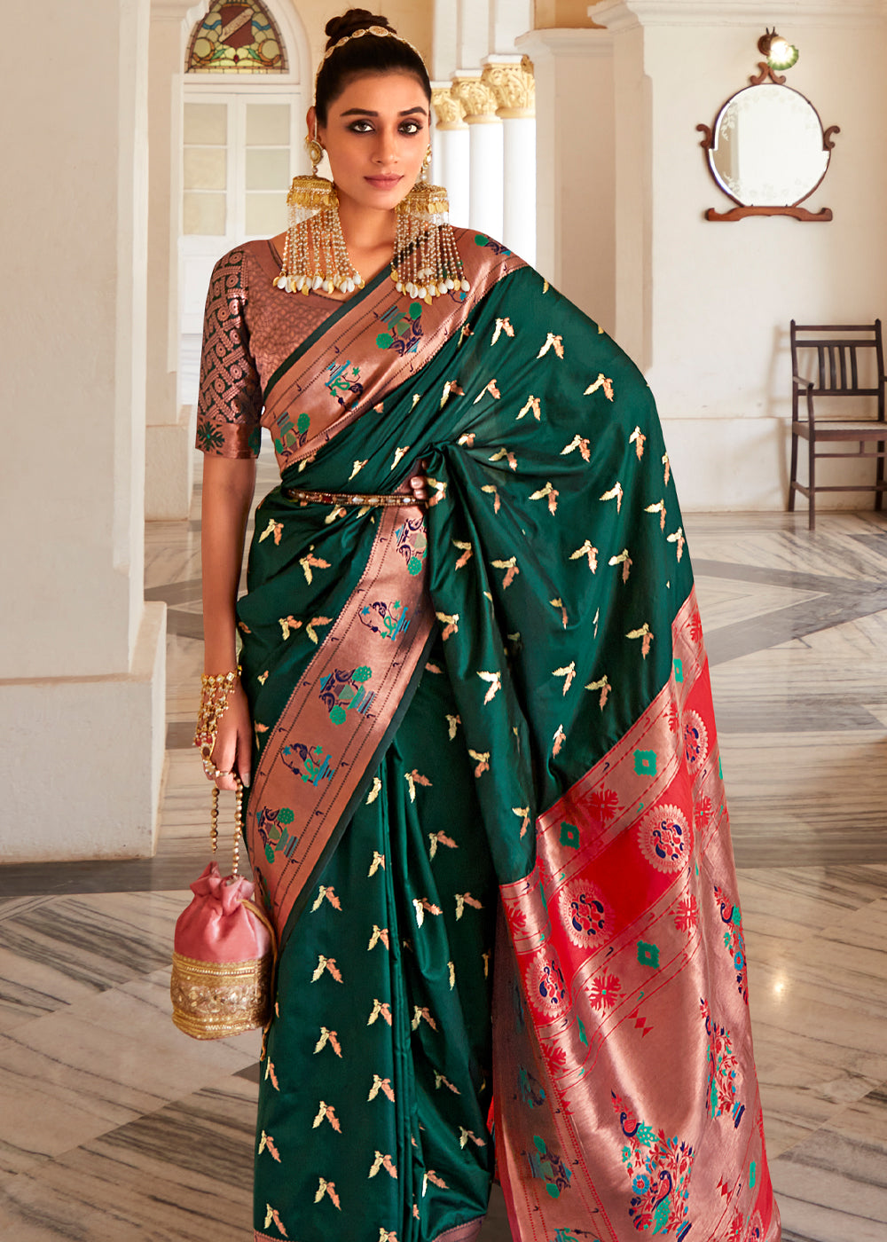 Buy MySilkLove Palm Green and Pink Zari Woven Paithani Silk Saree Online