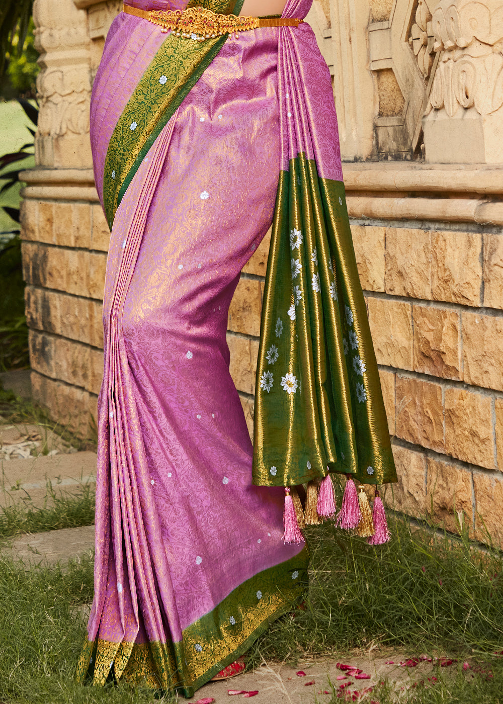 Buy MySilkLove Lotus Pink and Green Woven Kanjivaram Silk Saree Online