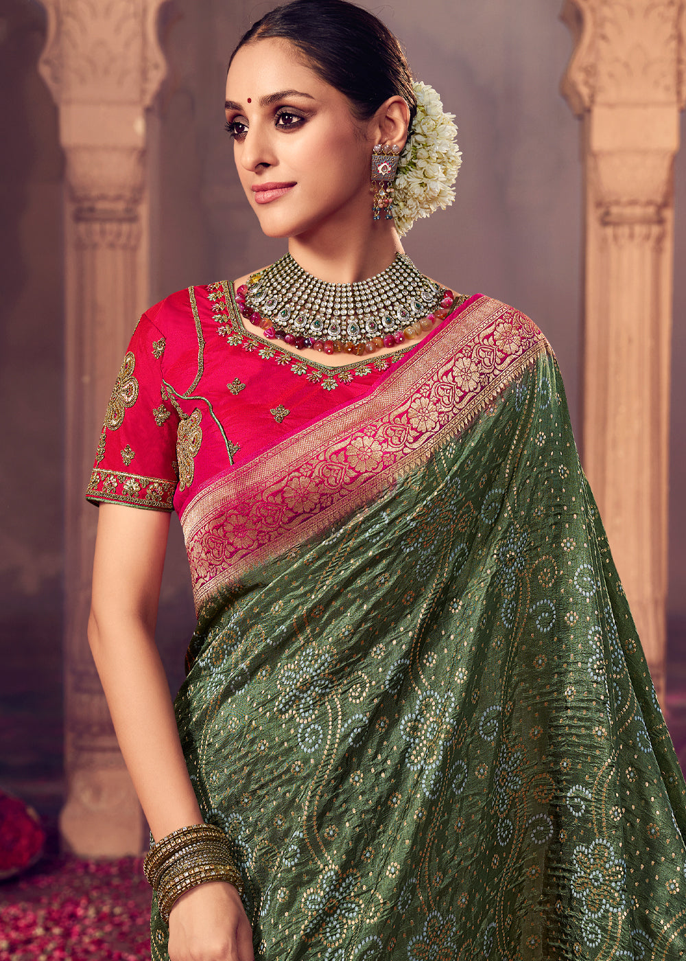 Buy MySilkLove Siam Green and Pink Zari Woven Designer Banarasi Saree Online