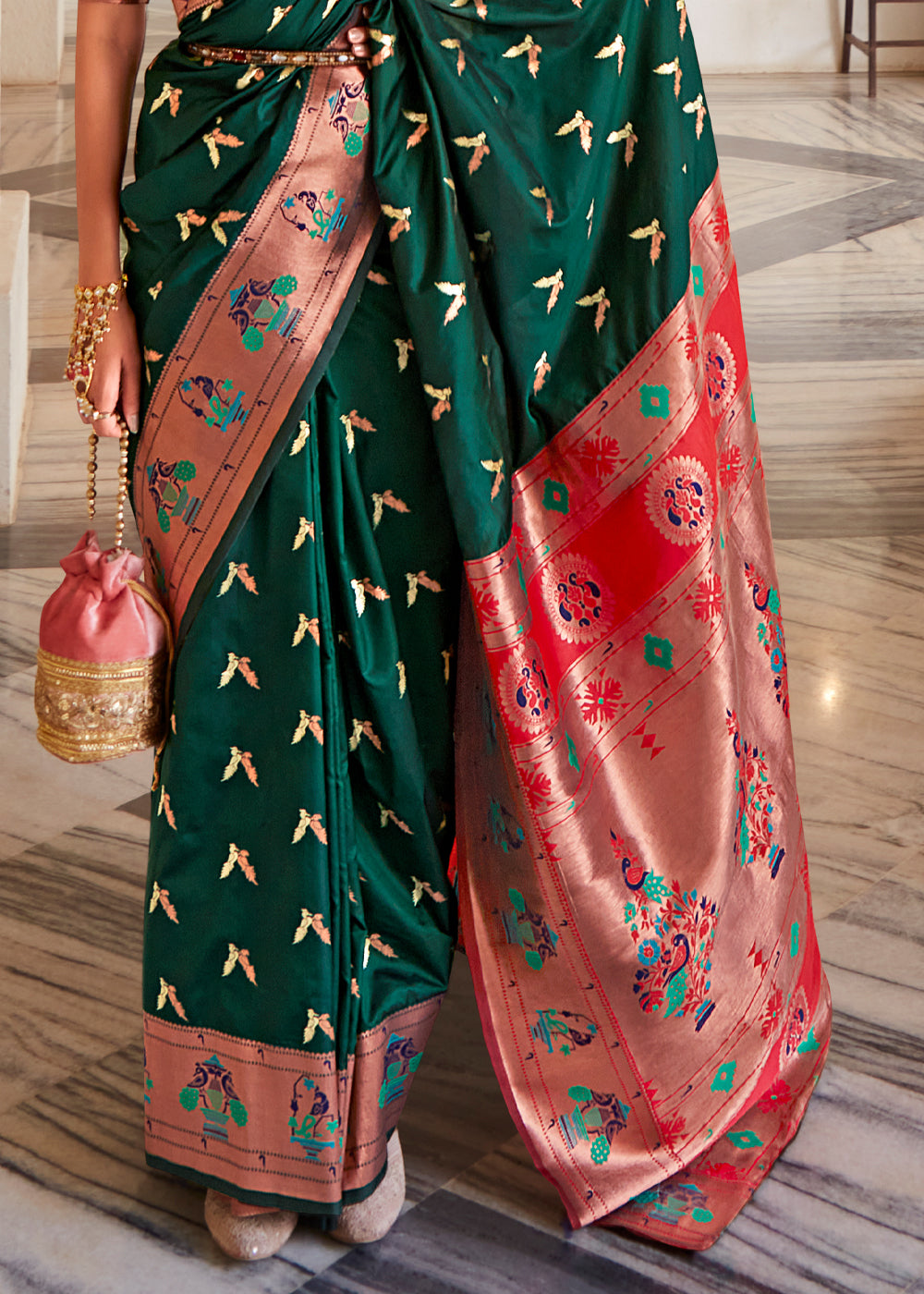 Buy MySilkLove Palm Green and Pink Zari Woven Paithani Silk Saree Online