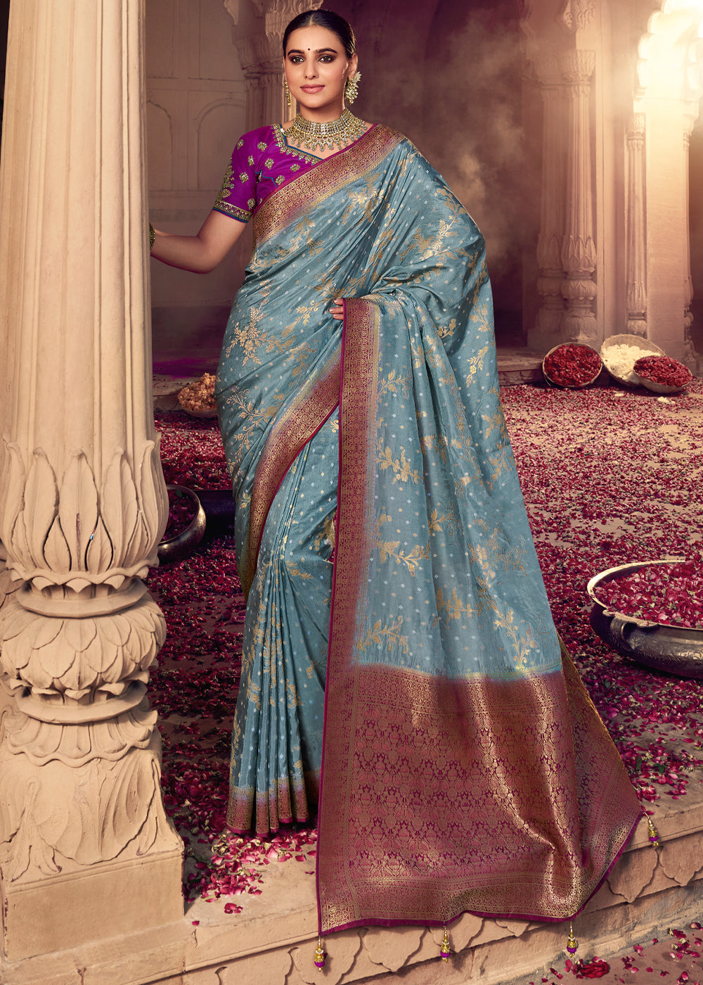 Buy MySilkLove Granny Smith Grey and Purple Zari Woven Designer Banarasi Saree Online