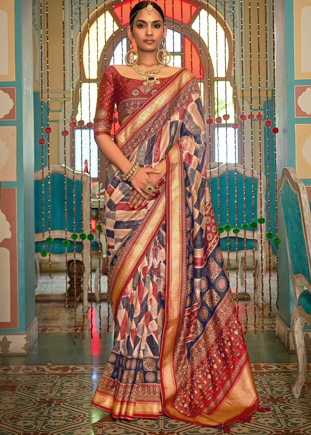 Buy MySilkLove Blackcurrant Blue and Red Printed Patola Soft Silk Saree Online