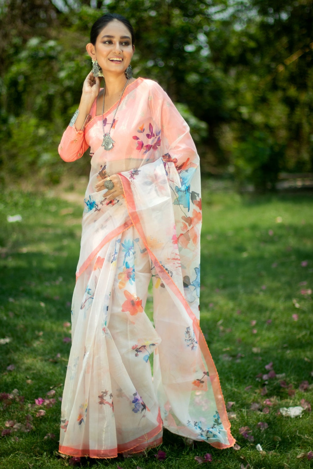 Buy MySilkLove Melon Pink Floral Design Organza Printed Saree Online