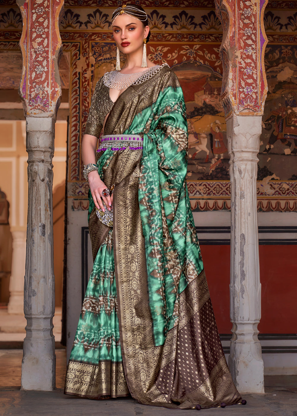 Buy MySilkLove Patina Green Printed Patola Soft Silk Saree Online