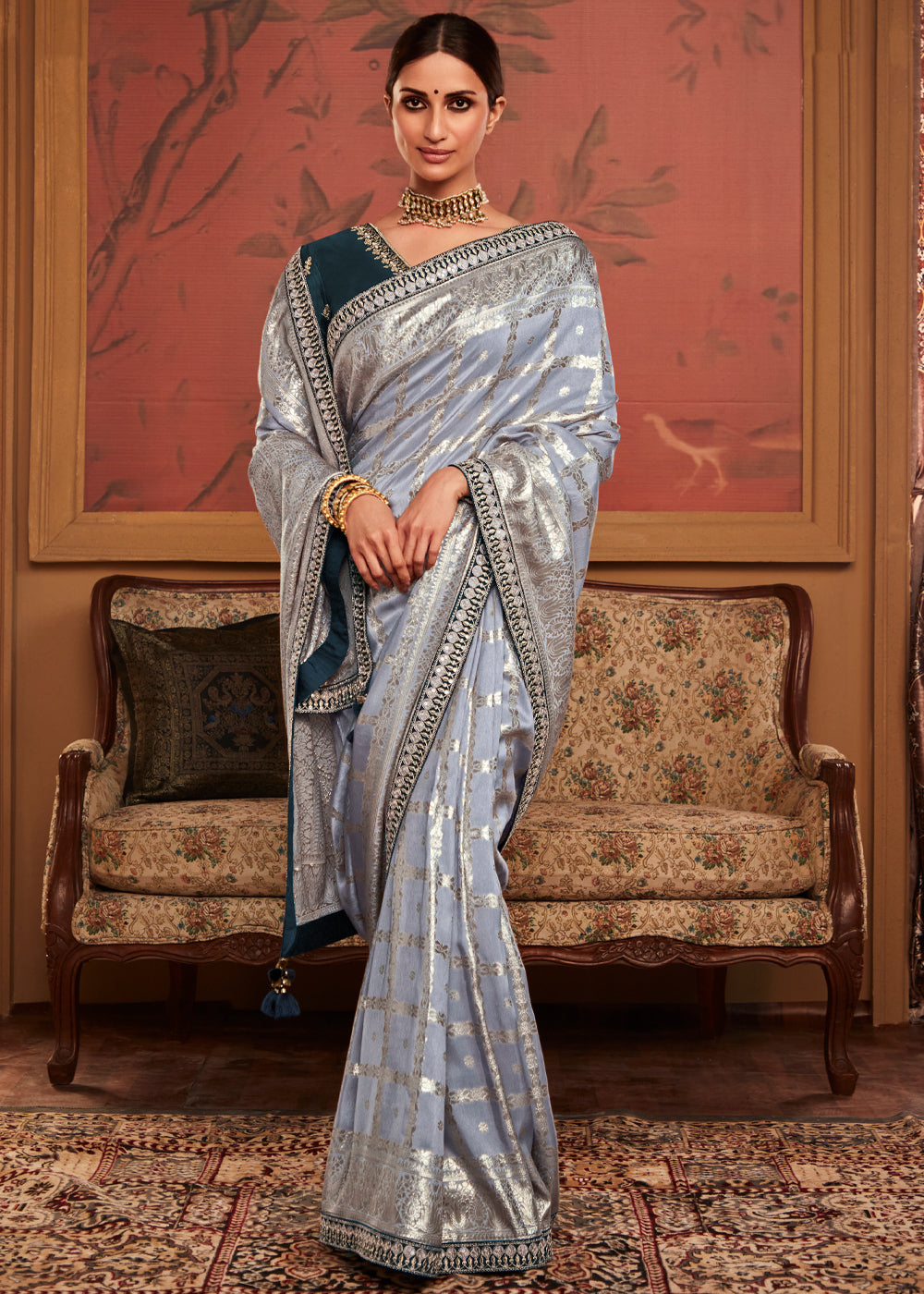 Buy MySilkLove Silver Grey Woven Banarasi Designer Silk Saree With Embroidered Blouse Online