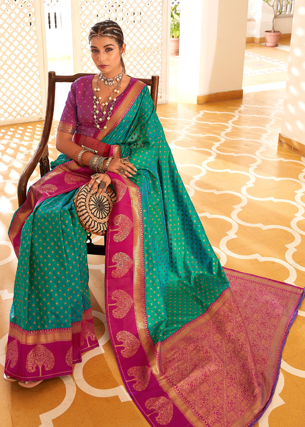 Buy MySilkLove Jungle Green and Pink Woven Banarasi Soft Silk Saree Online