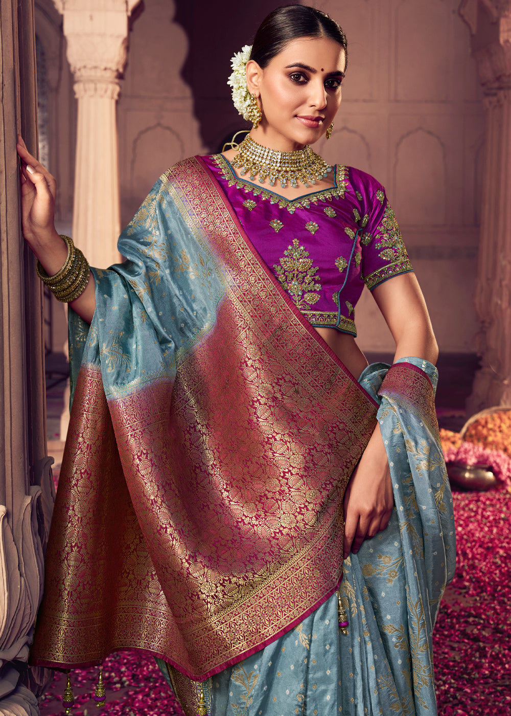 MySilkLove Granny Smith Grey and Purple Zari Woven Designer Banarasi Saree