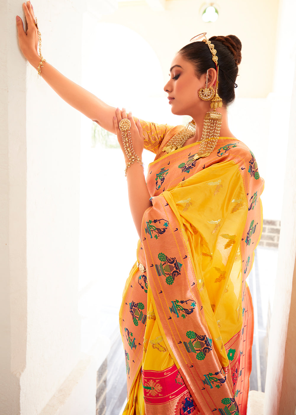 Buy MySilkLove Mustard Yellow and Pink Zari Woven Paithani Silk Saree Online