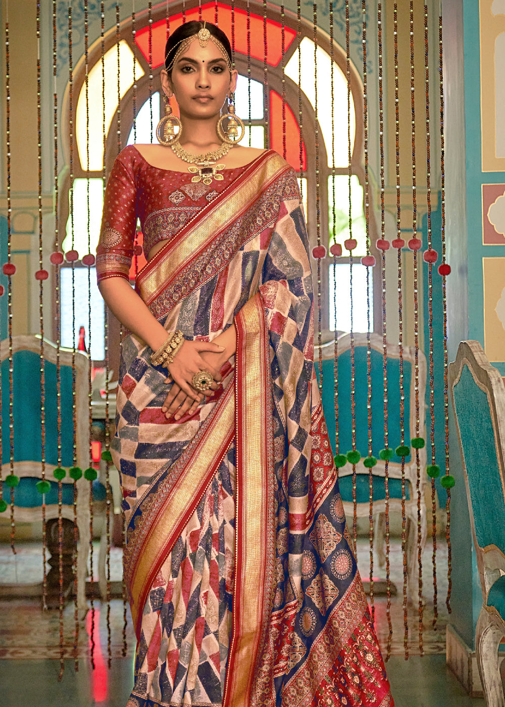 Buy MySilkLove Blackcurrant Blue and Red Printed Patola Soft Silk Saree Online