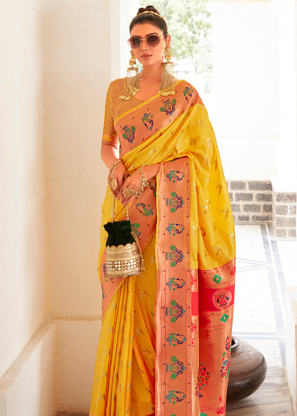 Buy MySilkLove Mustard Yellow and Pink Zari Woven Paithani Silk Saree Online