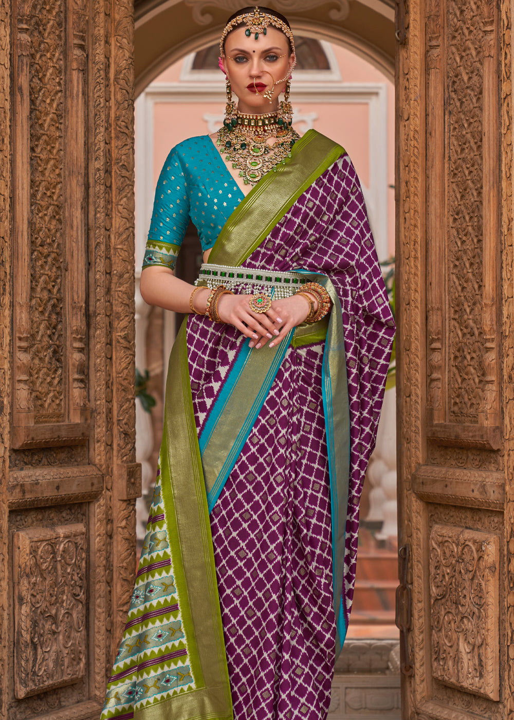 Buy MySilkLove Tapestry Purple and Green Woven Patola Silk Saree Online