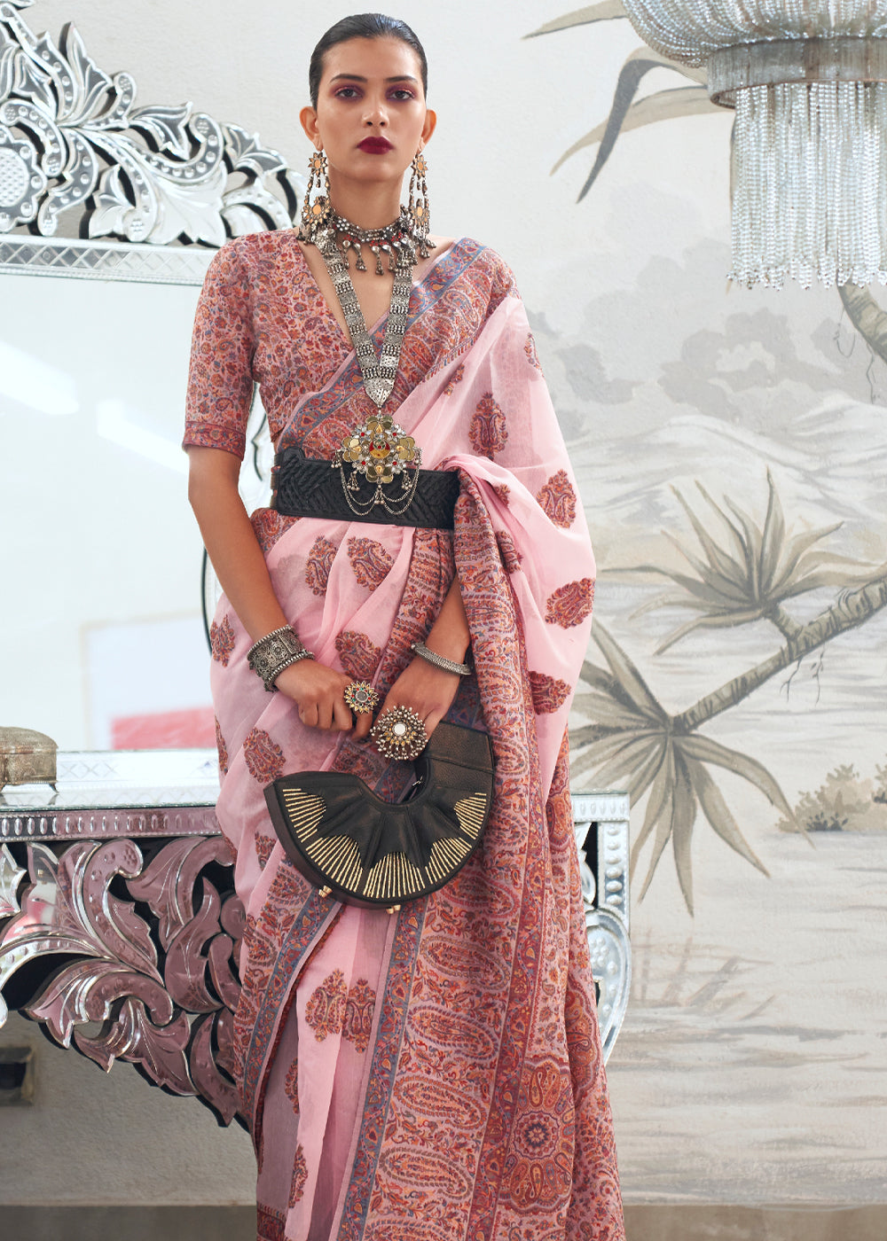 Buy MySilkLove Shilo Pink Woven Handloom Pure Kashmiri Jamawar Saree Online