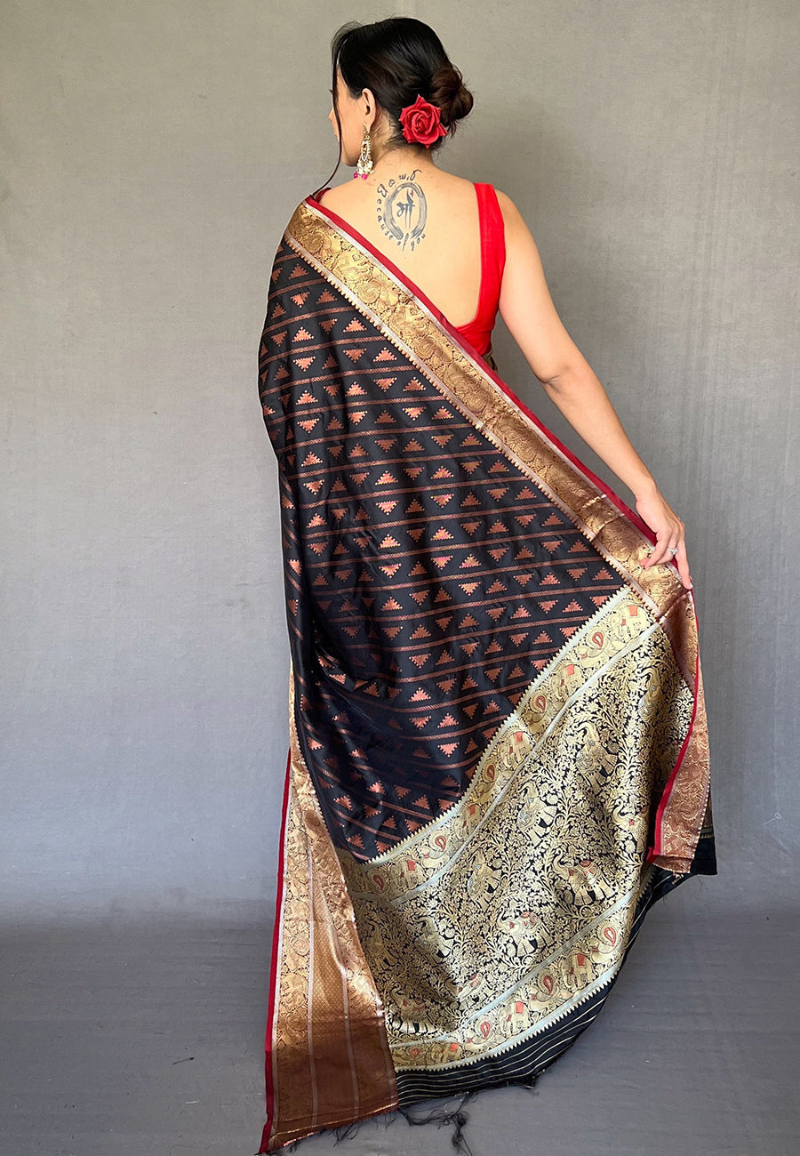 Buy MySilkLove Log Cabin Black Banarasi Silk Leheriya Copper Zari Woven Saree Online