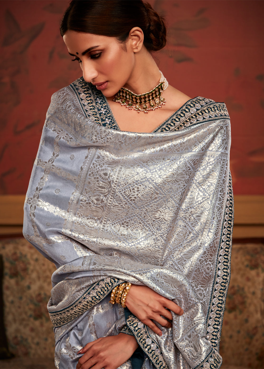 Buy MySilkLove Silver Grey Woven Banarasi Designer Silk Saree With Embroidered Blouse Online