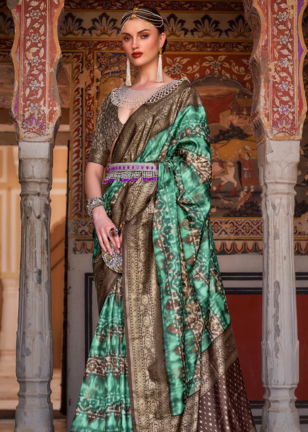 Buy MySilkLove Patina Green Printed Patola Soft Silk Saree Online