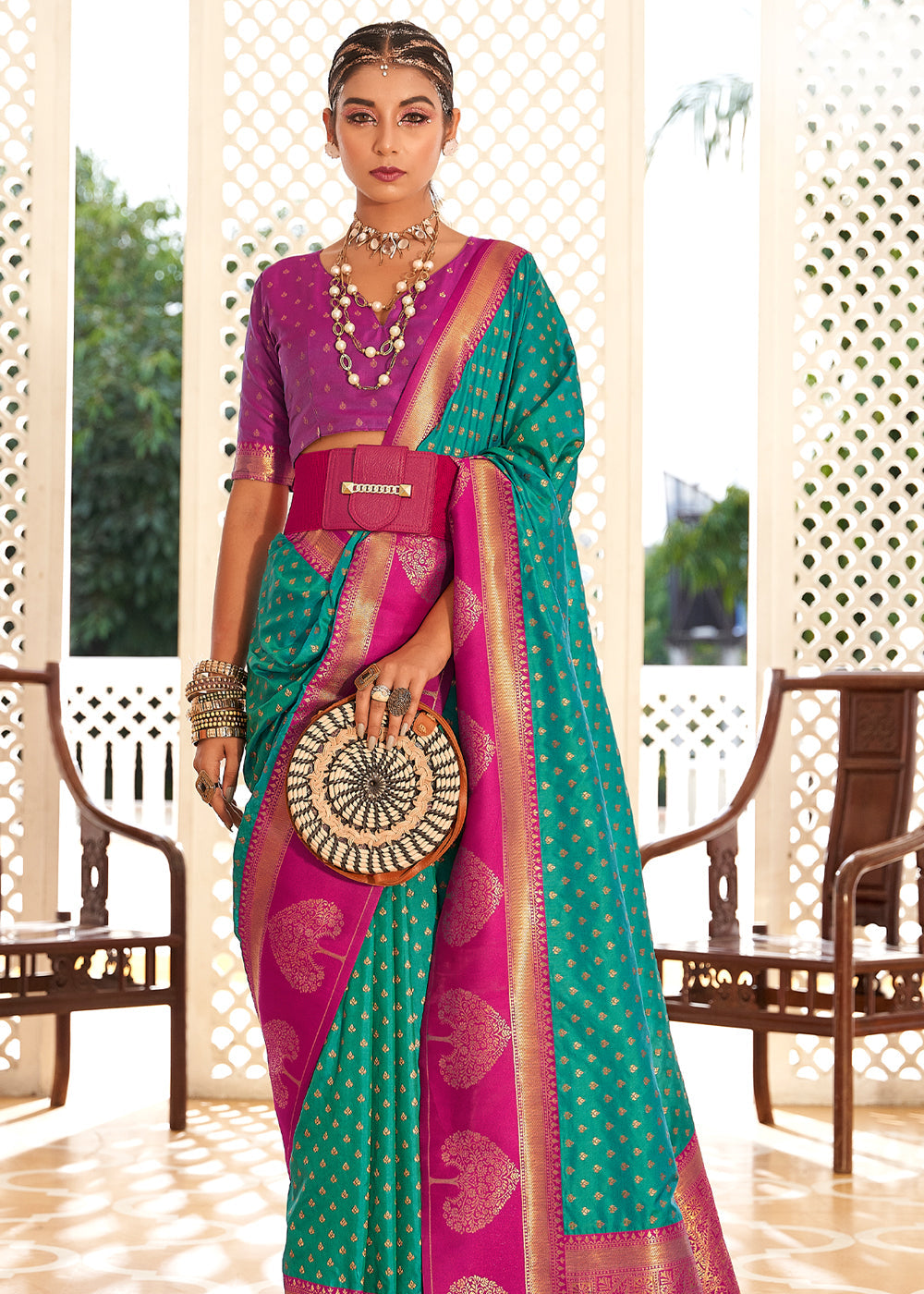 Buy MySilkLove Jungle Green and Pink Woven Banarasi Soft Silk Saree Online