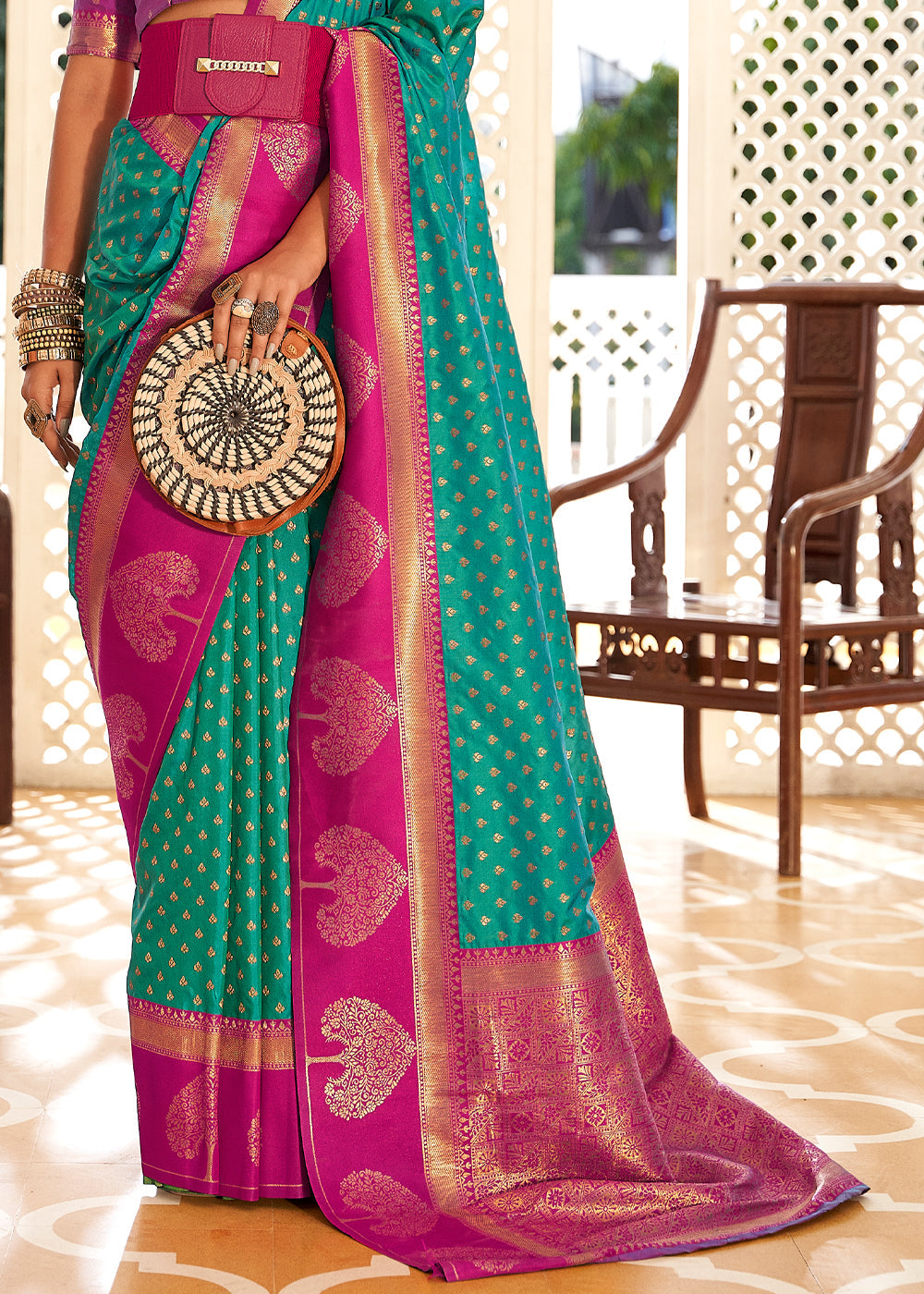 Buy MySilkLove Jungle Green and Pink Woven Banarasi Soft Silk Saree Online