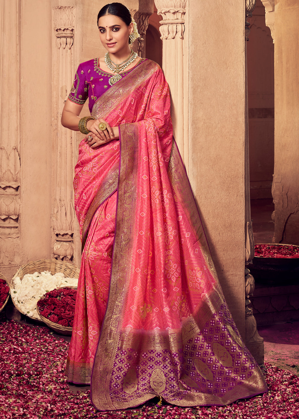 Buy MySilkLove Carnation Pink and Purple Zari Woven Designer Banarasi Saree Online