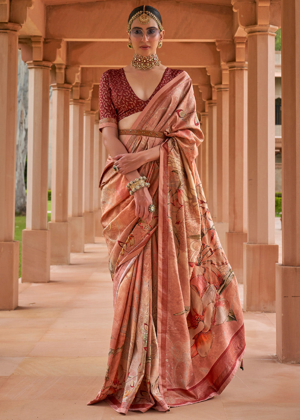 Buy MySilkLove Wax Flower Peach Printed Patola Soft Silk Saree Online