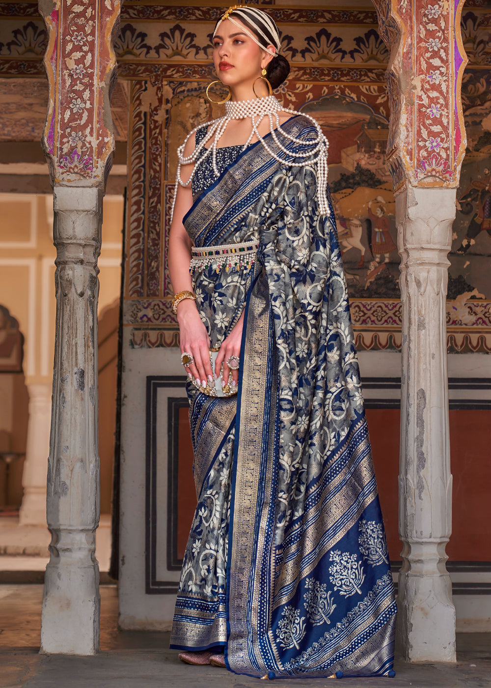 Buy MySilkLove Tuna Blue Printed Patola Soft Silk Saree Online