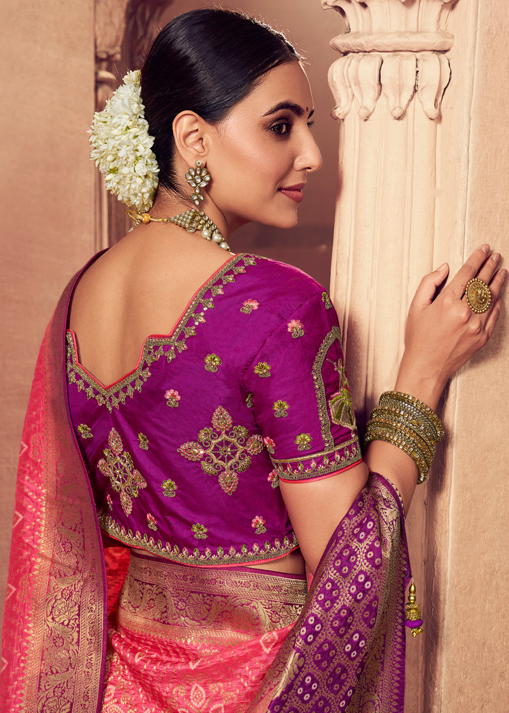 MySilkLove Carnation Pink and Purple Zari Woven Designer Banarasi Saree