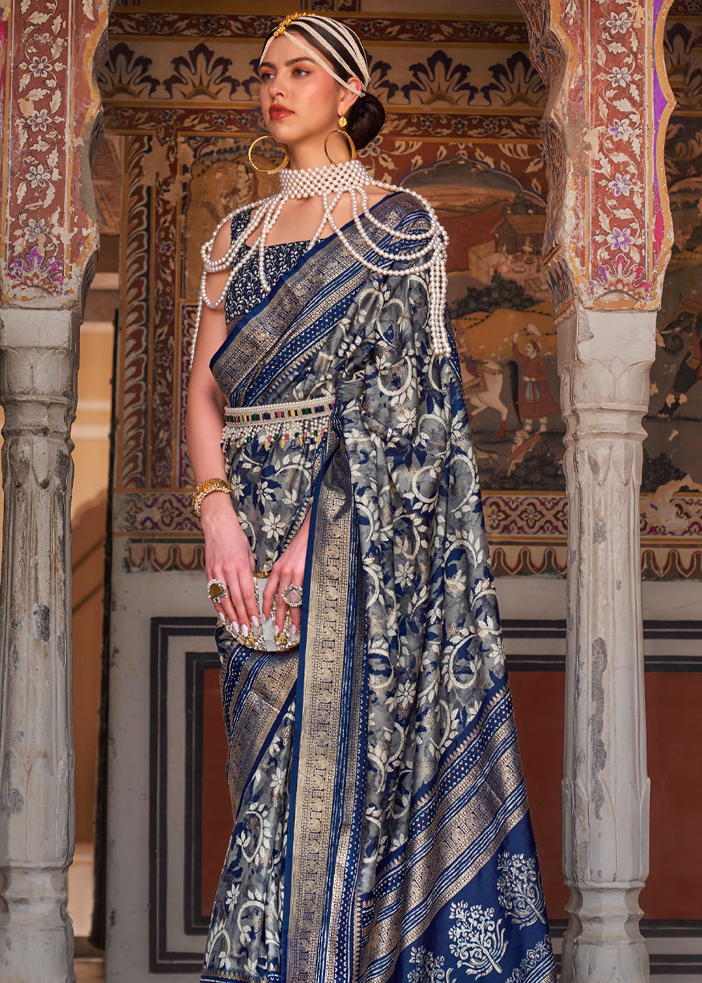 Buy MySilkLove Tuna Blue Printed Patola Soft Silk Saree Online