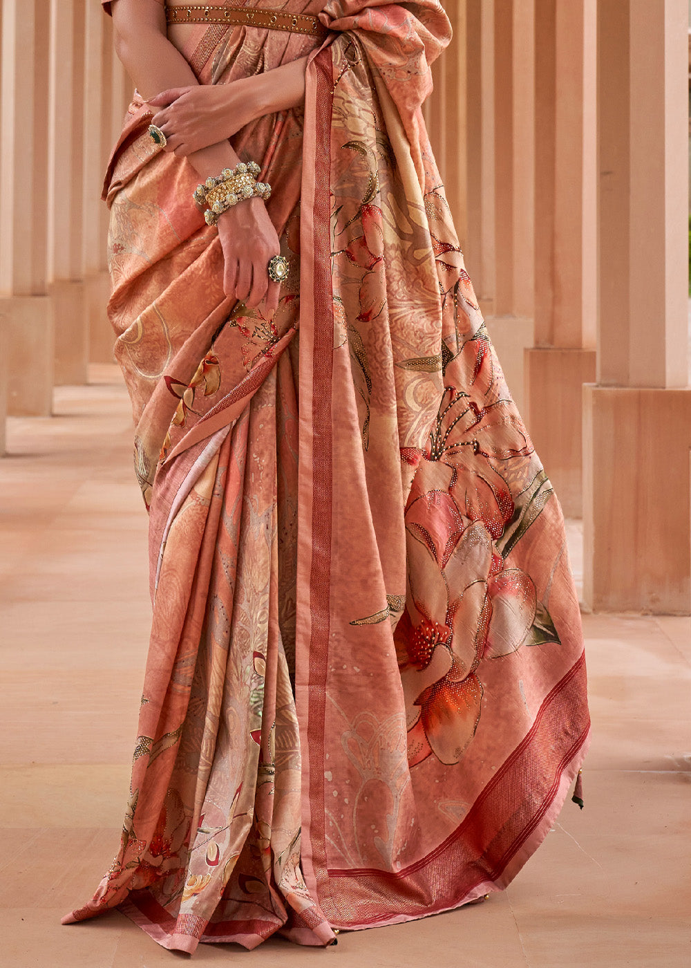 Buy MySilkLove Wax Flower Peach Printed Patola Soft Silk Saree Online