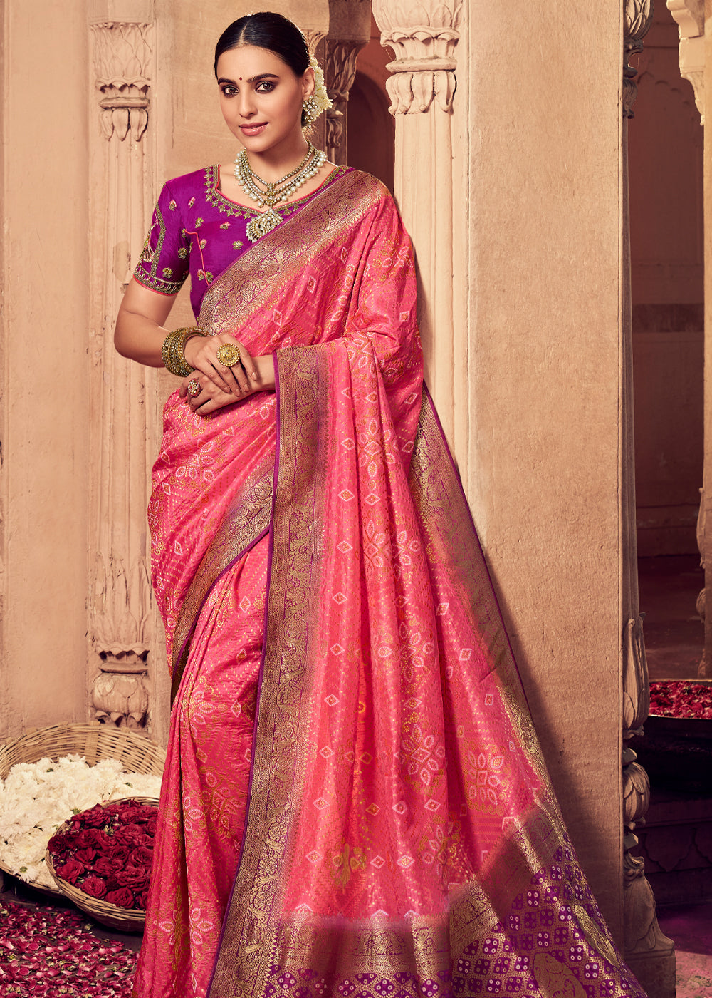 Buy MySilkLove Carnation Pink and Purple Zari Woven Designer Banarasi Saree Online