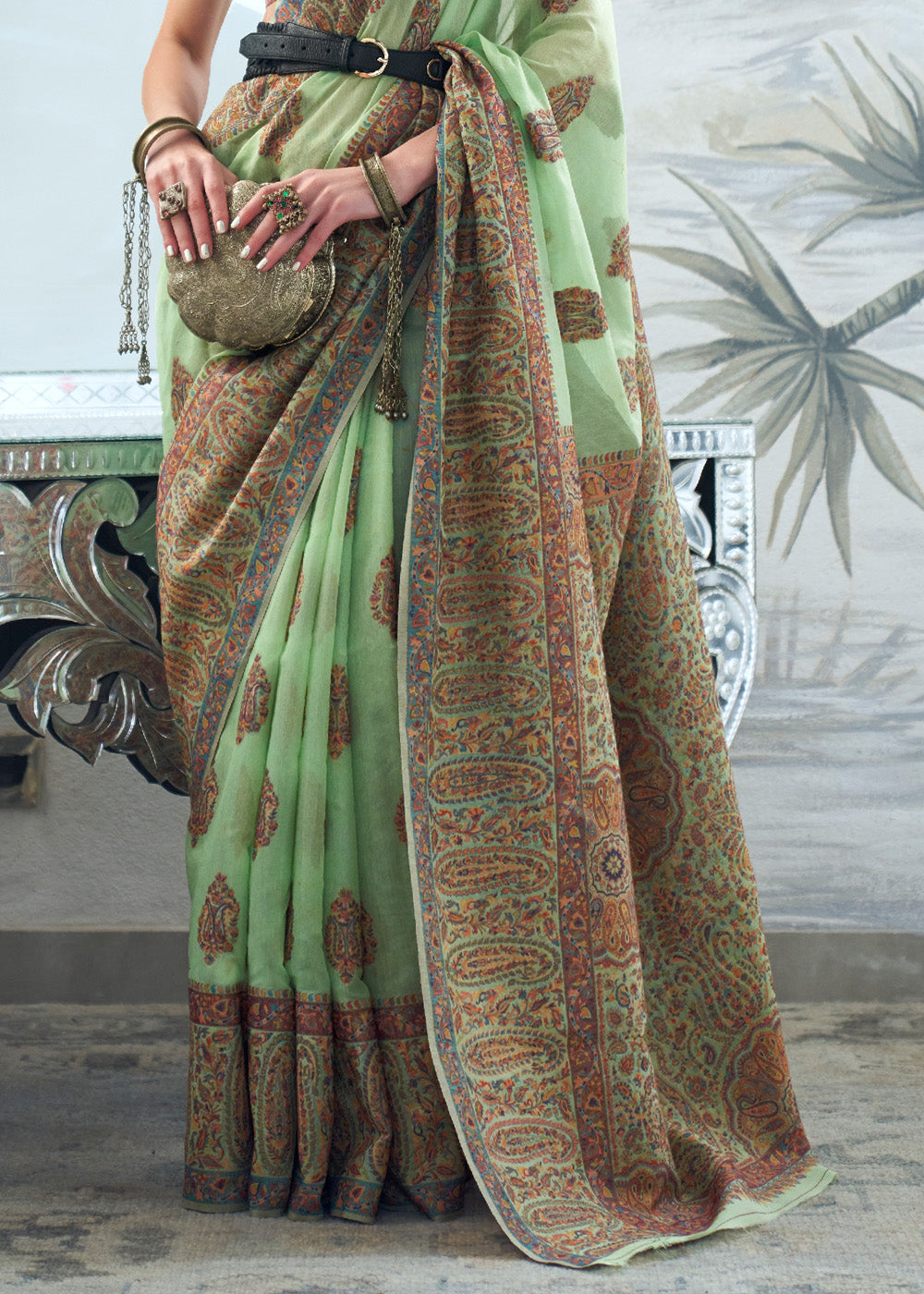 Buy MySilkLove Glade Green Handloom Pure Kashmiri Jamawar Saree Online