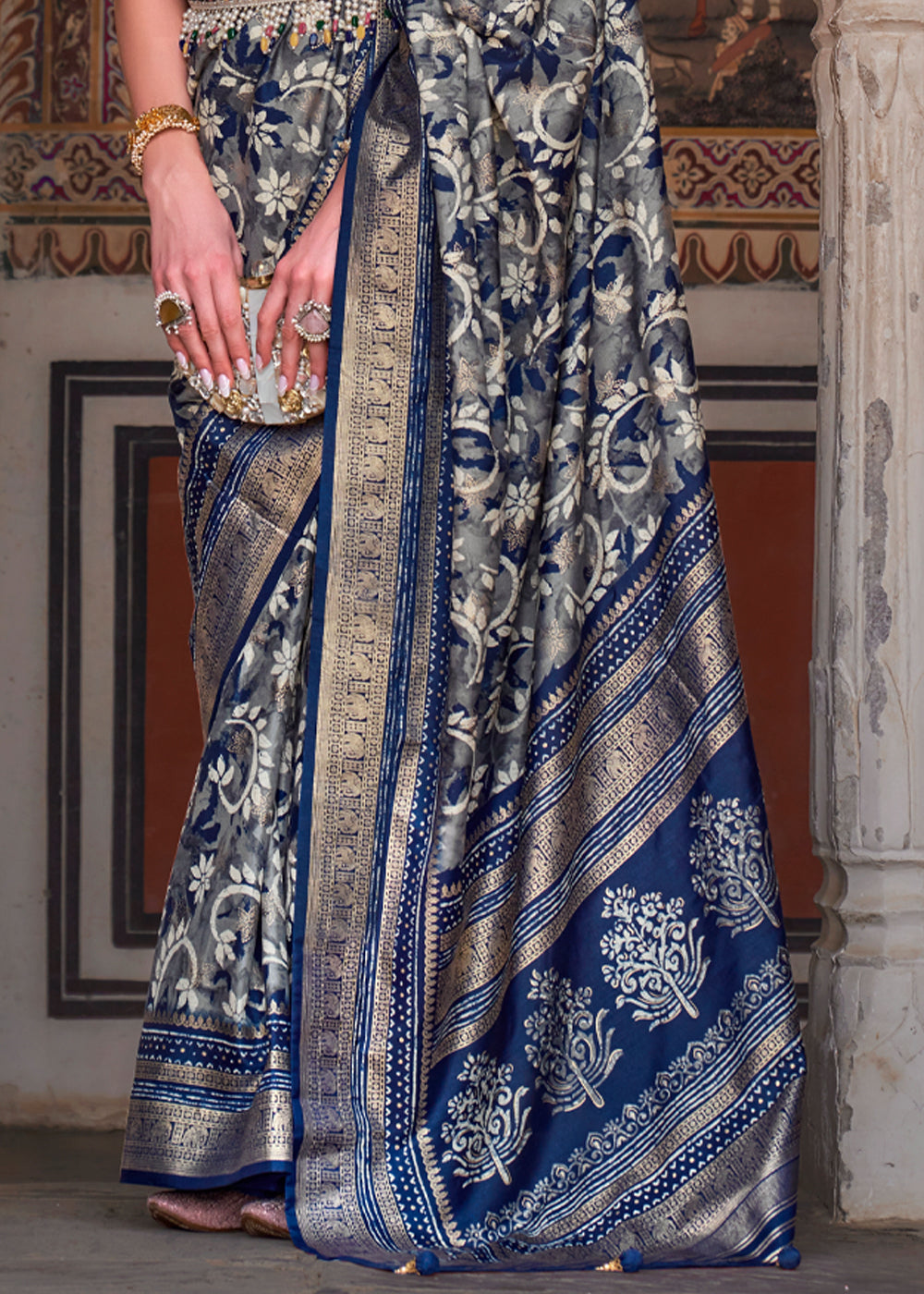 Buy MySilkLove Tuna Blue Printed Patola Soft Silk Saree Online