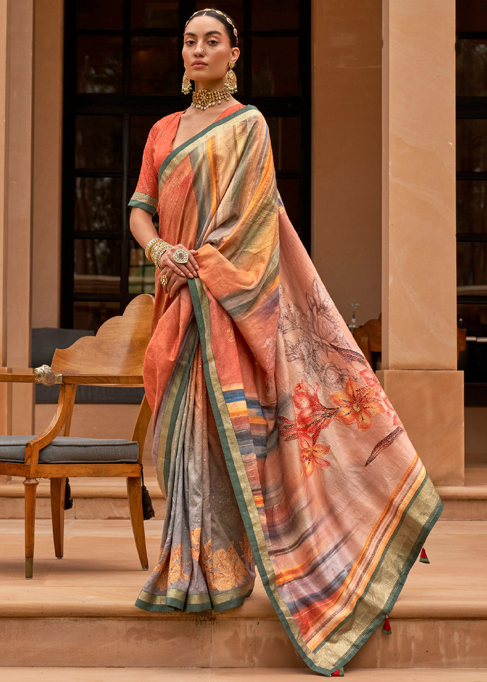 Buy MySilkLove Flesh Peach Printed Patola Soft Silk Saree Online