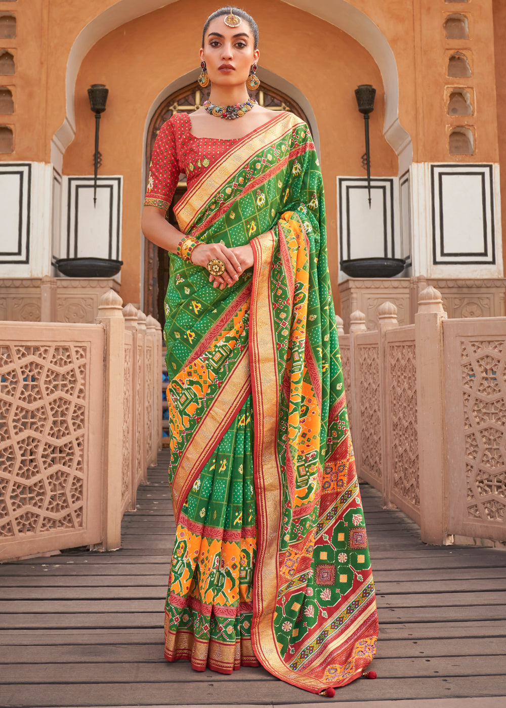 Buy MySilkLove Olivine Green Printed Patola Silk Saree Online