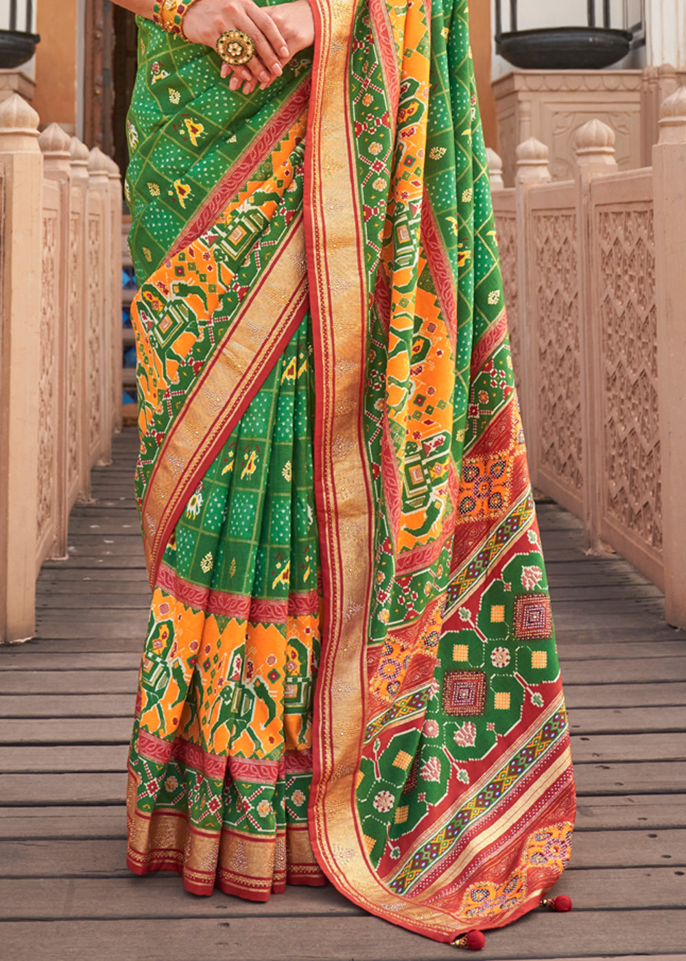 Buy MySilkLove Olivine Green Printed Patola Silk Saree Online