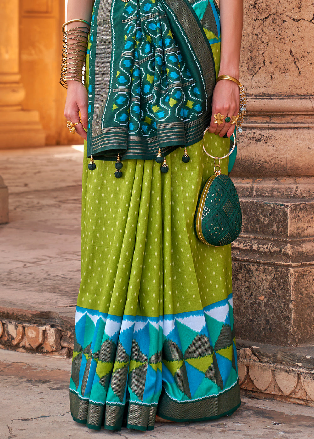 Buy MySilkLove Trendy Green and Blue Designer Printed Patola Silk Saree Online