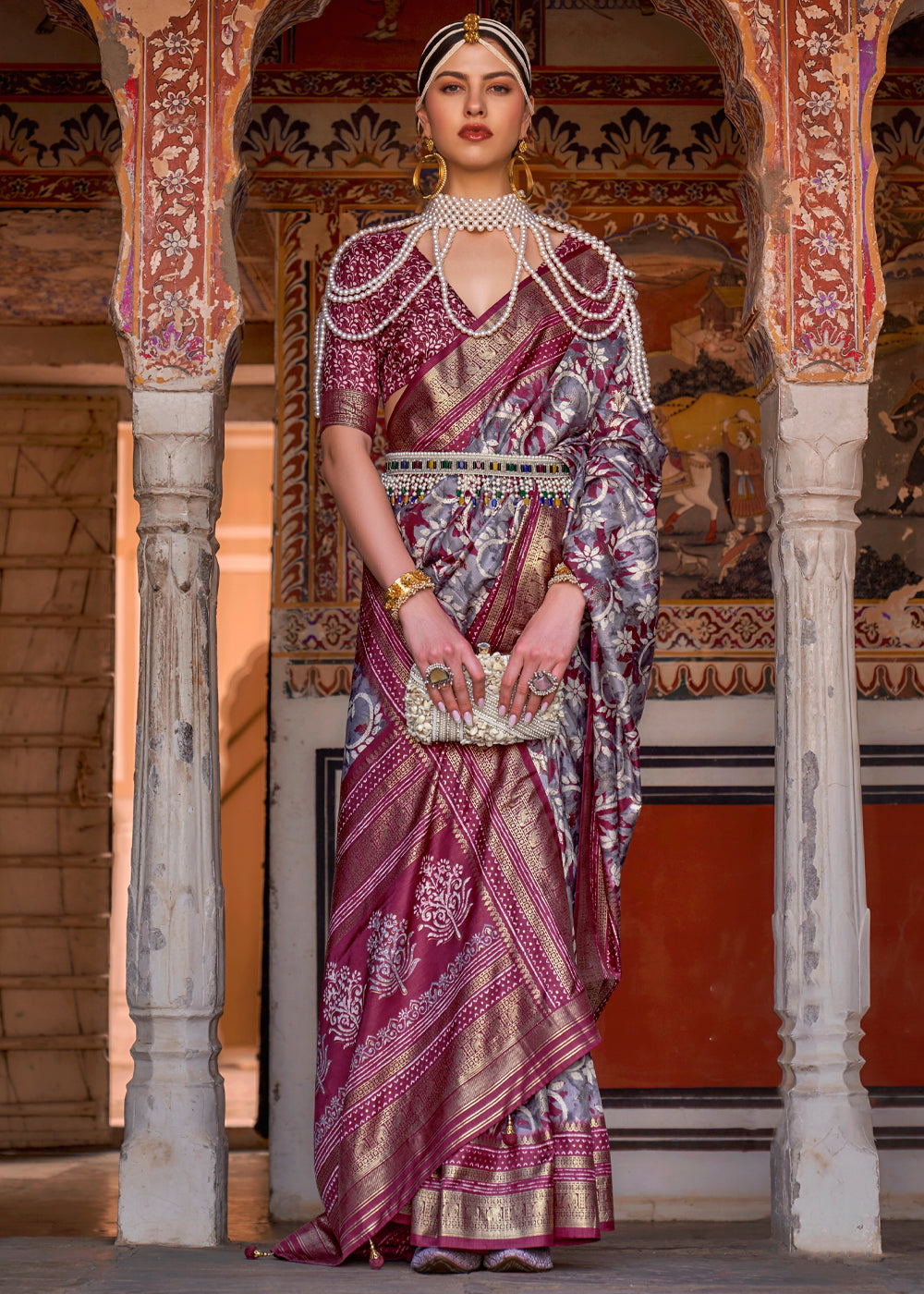 Buy MySilkLove Pewter Grey and Maroon Printed Patola Soft Silk Saree Online