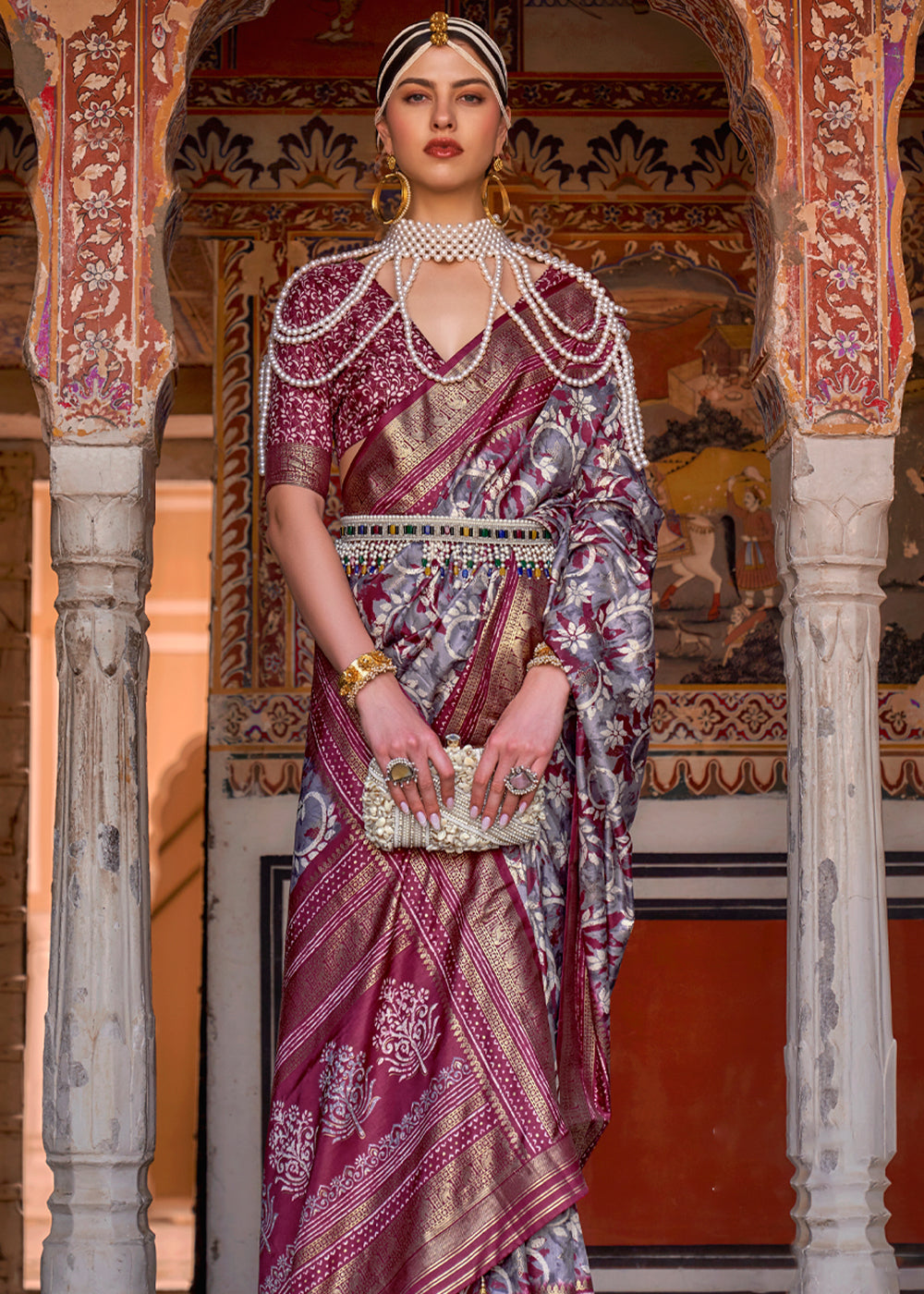 Buy MySilkLove Pewter Grey and Maroon Printed Patola Soft Silk Saree Online