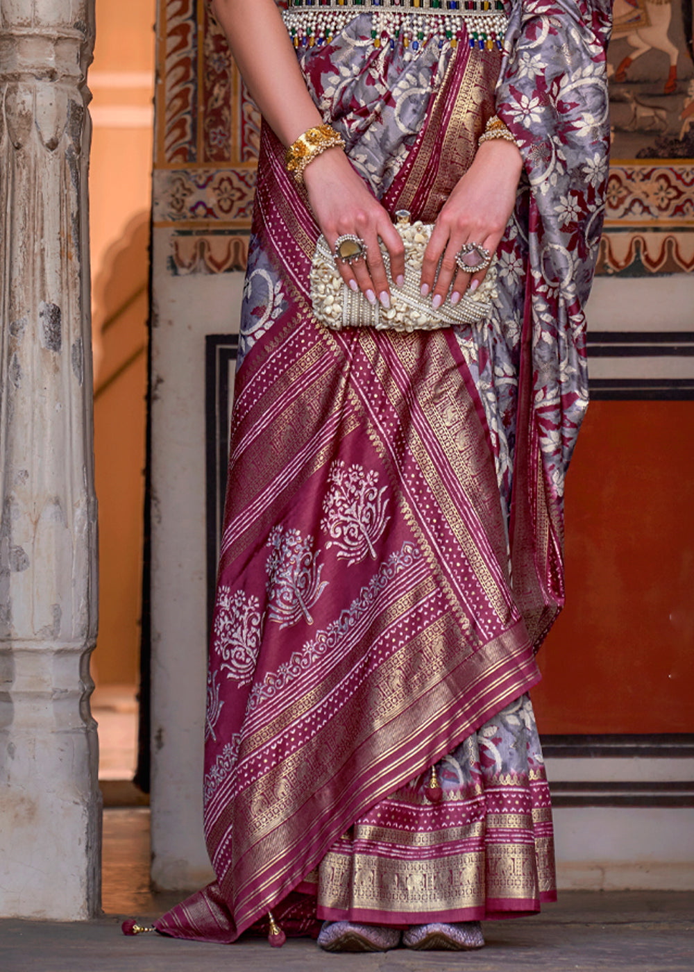 Buy MySilkLove Pewter Grey and Maroon Printed Patola Soft Silk Saree Online