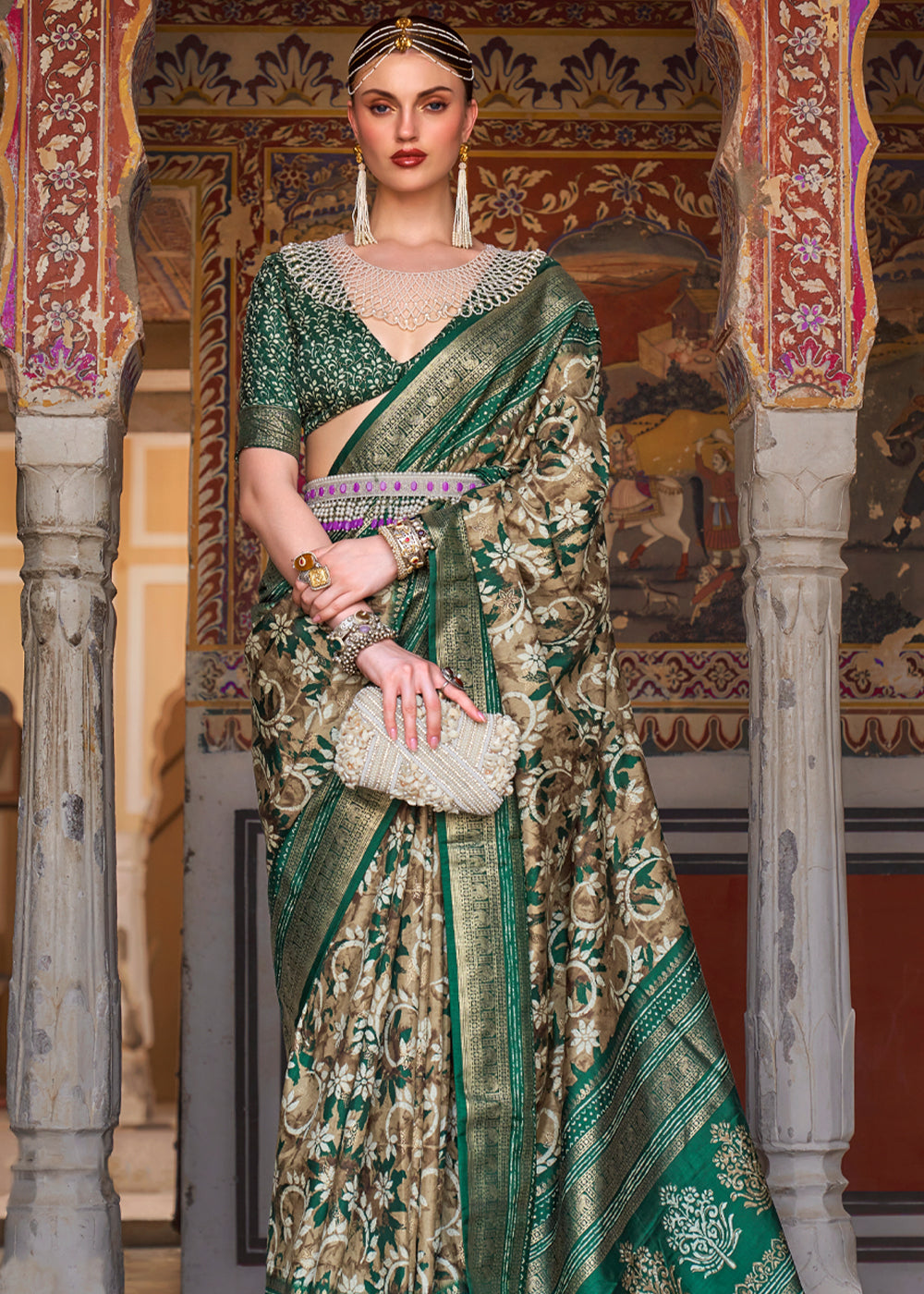 Buy MySilkLove William Green Printed Patola Soft Silk Saree Online