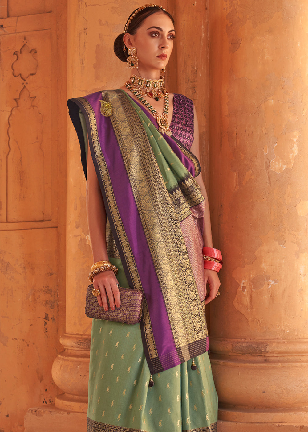 Buy MySilkLove Go Ben Green and Purple Woven Patola Soft Silk Saree Online