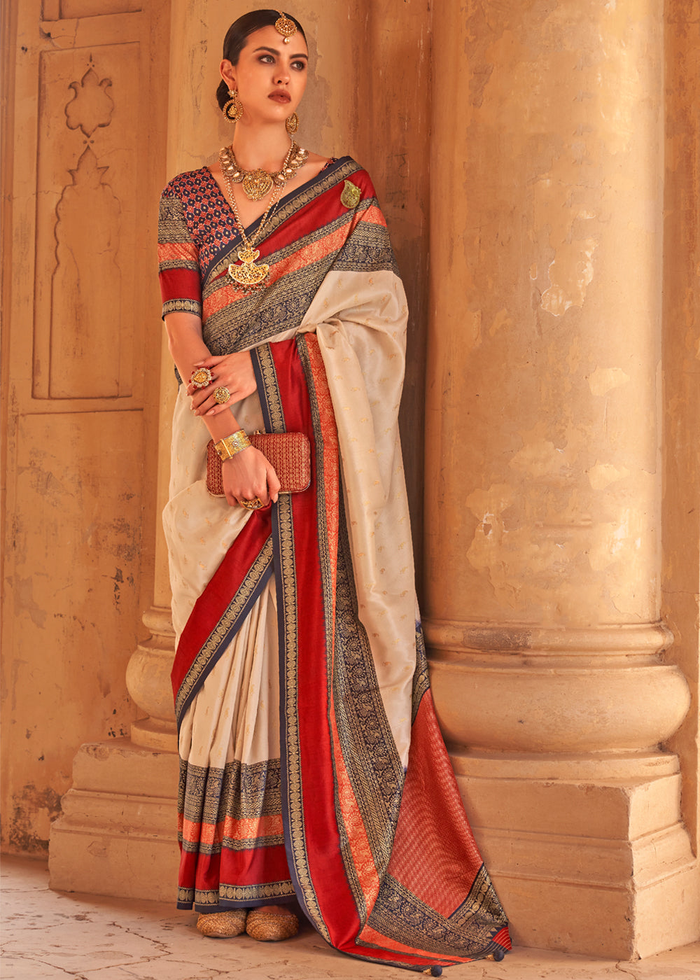 Buy MySilkLove Wheat Cream Woven Patola Soft Silk Saree Online