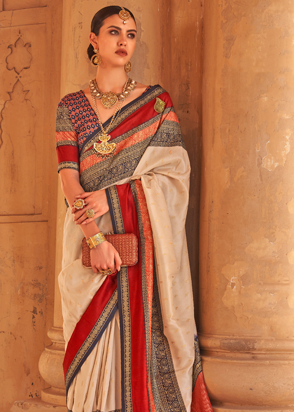 Buy MySilkLove Wheat Cream Woven Patola Soft Silk Saree Online