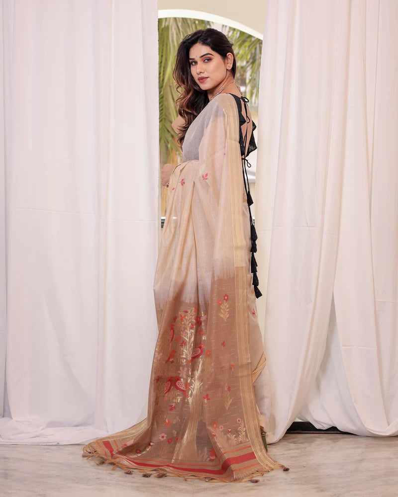 Buy MySilkLove Cream and Brown Woven Muga Cotton Saree Online