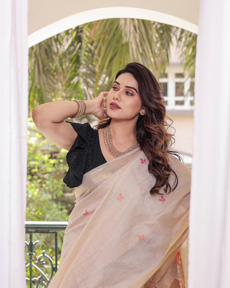 Buy MySilkLove Cream and Brown Woven Muga Cotton Saree Online