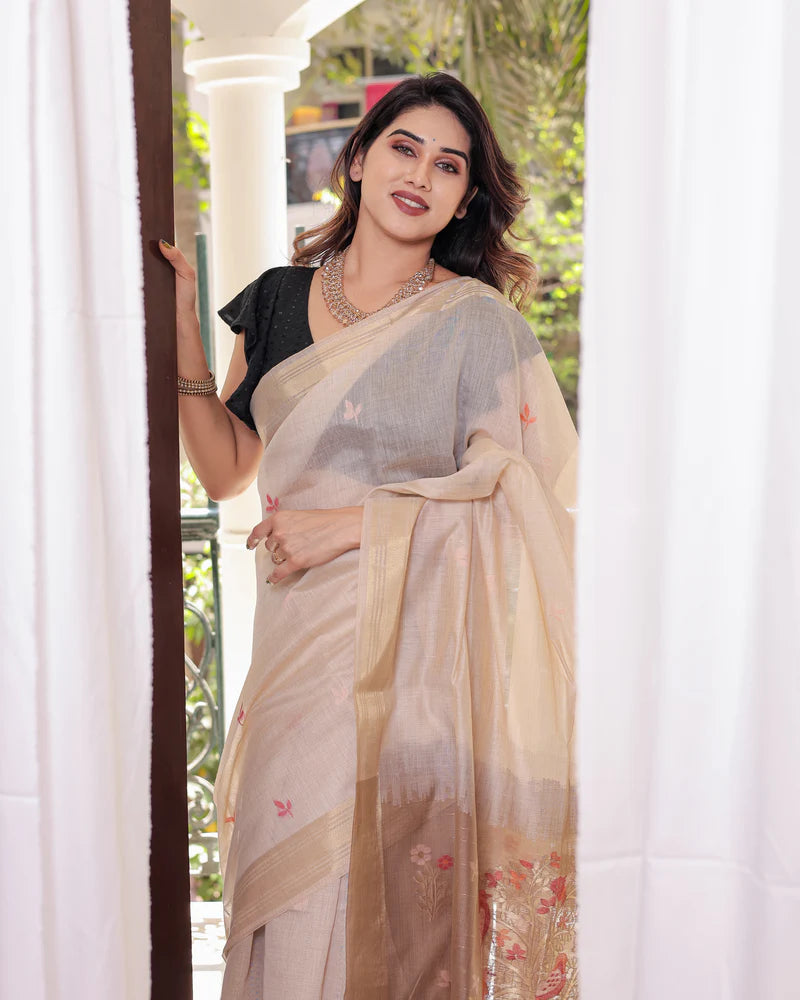 MySilkLove Cream and Brown Woven Muga Cotton Saree