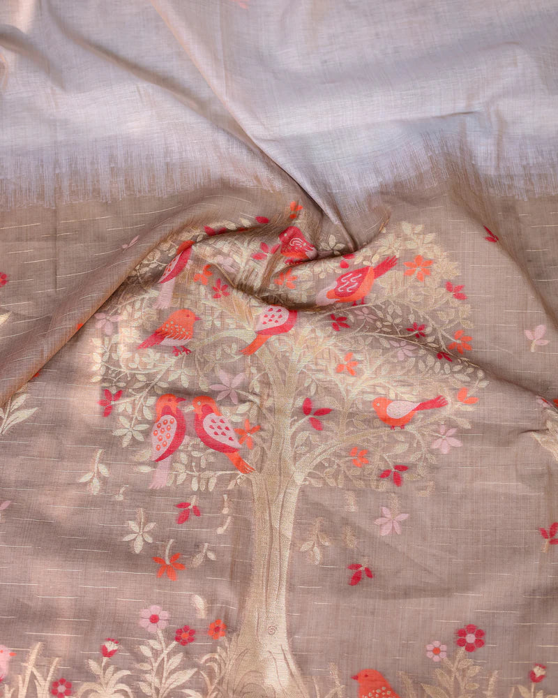 Buy MySilkLove Cream and Brown Woven Muga Cotton Saree Online