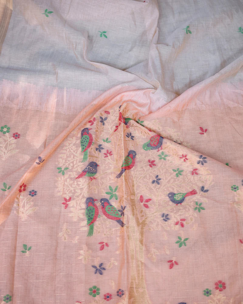 Buy MySilkLove Wheat Cream and Peach Woven Muga Cotton Saree Online