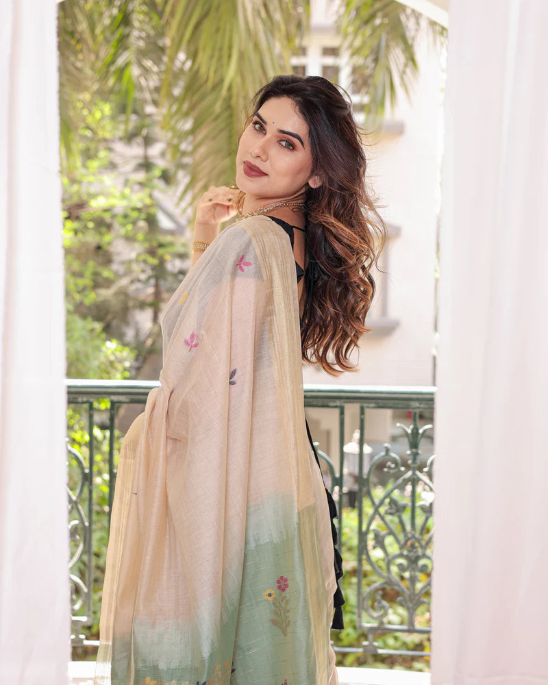 Buy MySilkLove Biscuit Cream and Green Woven Muga Cotton Saree Online