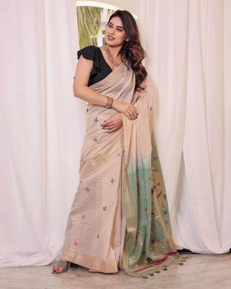 Buy MySilkLove Biscuit Cream and Green Woven Muga Cotton Saree Online