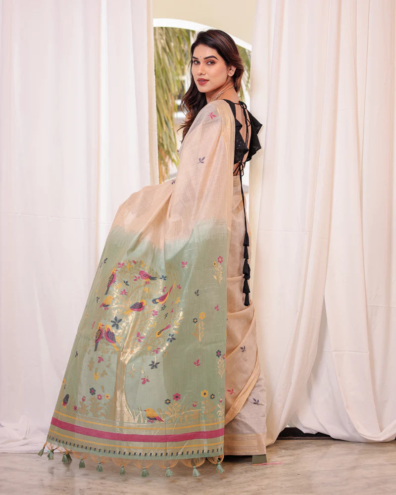 Buy MySilkLove Biscuit Cream and Green Woven Muga Cotton Saree Online