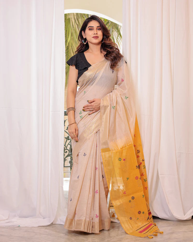 Buy MySilkLove Vanila Cream and Yellow Woven Muga Cotton Saree Online
